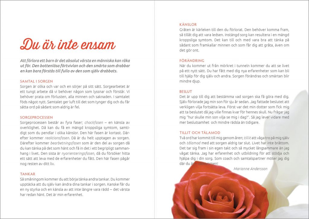 Uppslaget ur en folder för föräldrar som har förlorat barn. Närbild av en orangeröd ros.