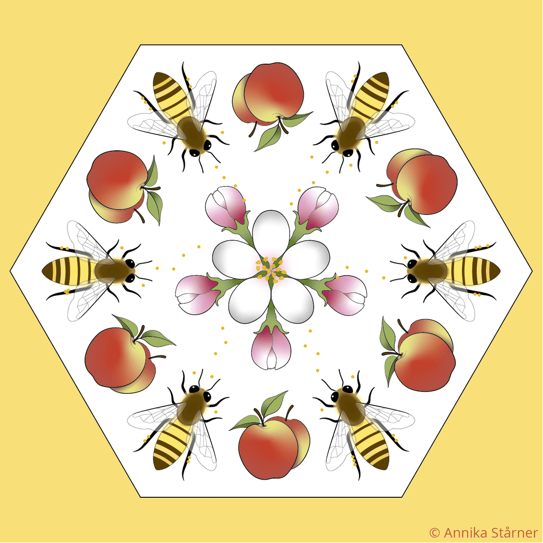 Illustration av mönster av bin, äppelblom och äpplen i vit hexagon mot gul bakgrund