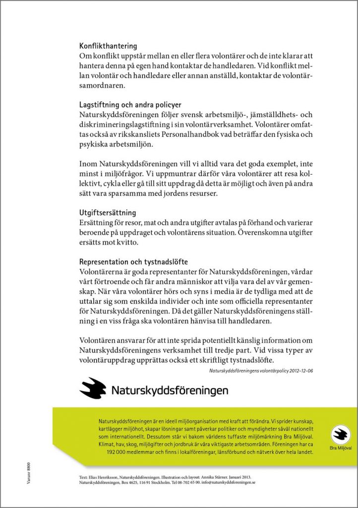 Baksidan av Naturskyddsföreningens folder för volontärer