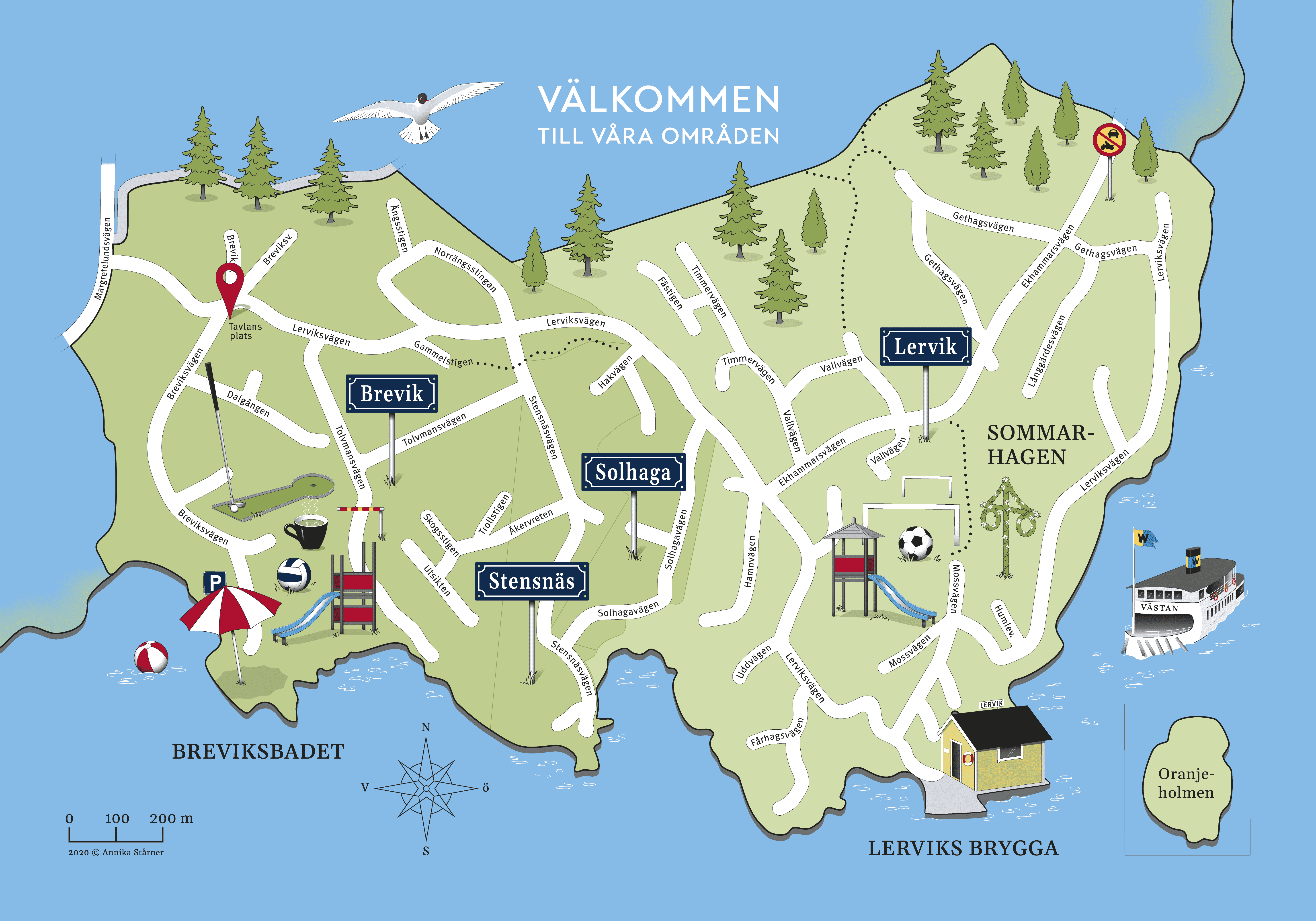 Infografisk karta över Lervik och Brevik i Österåker, Stockholms skärgård.
