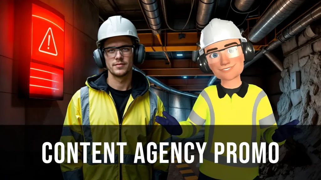 Two construction workers wearing yellow jackets and hard hats stand together at a construction site. One of them is a lookalike illustrated 3d character.