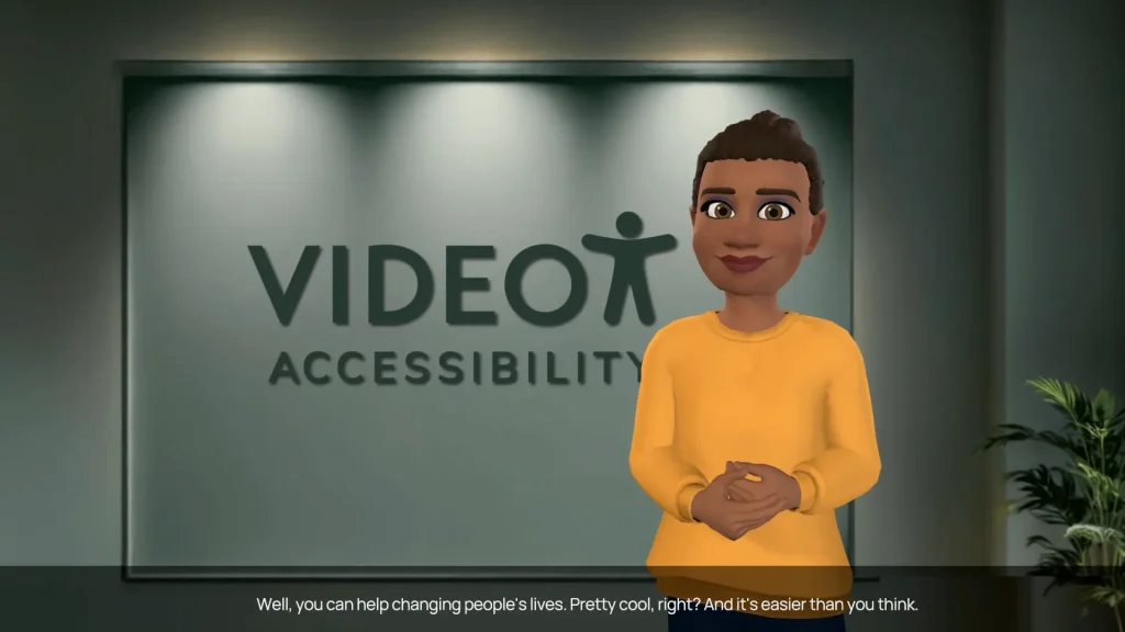 An illustrated 3D cartoon character stands by a video accessibility sign, introducing an online course focused on video accessibility.